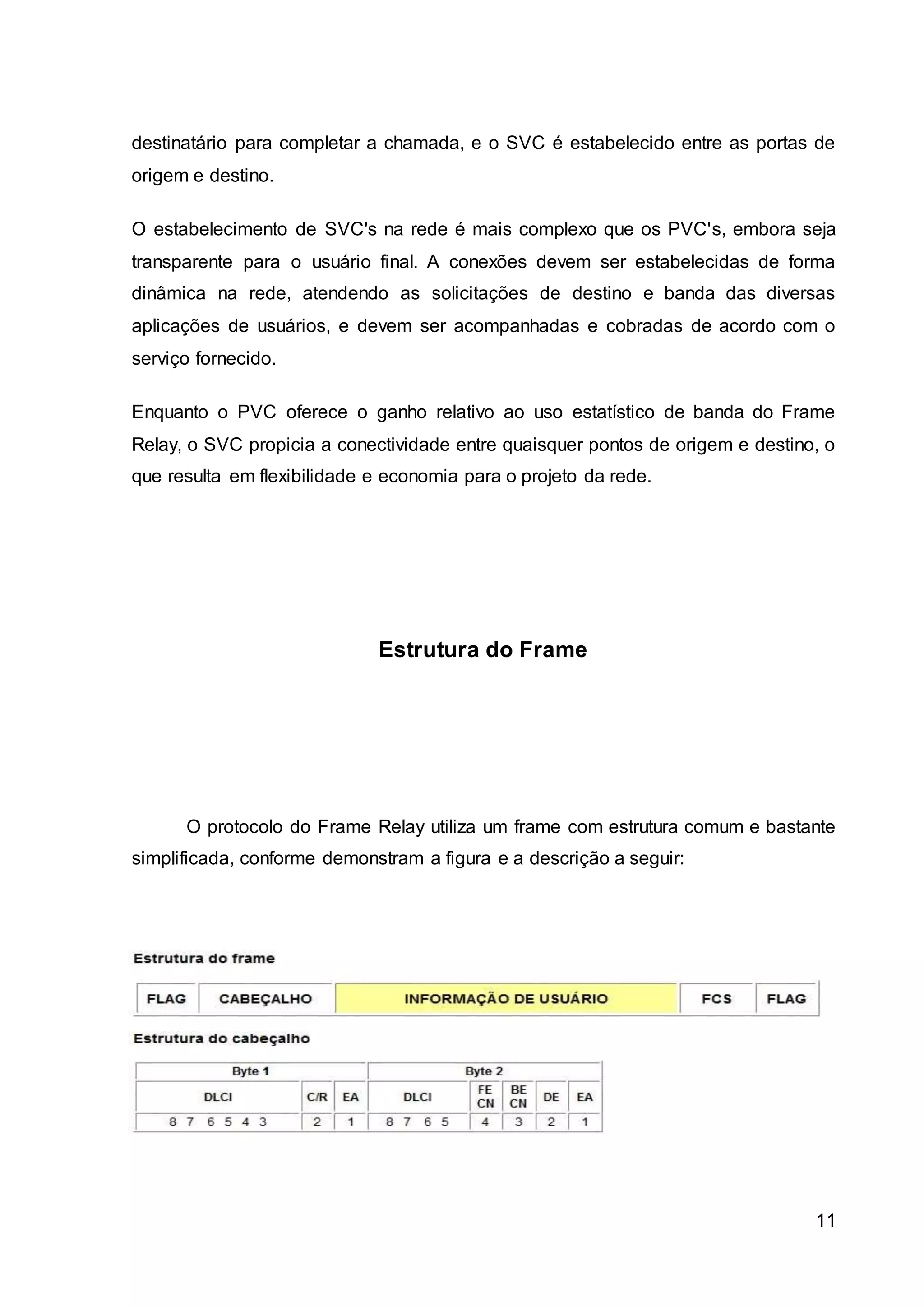 destinatário para completar a chamada, e o SVC é estabelecido entre as portas de 
origem e destino. 
O estabelecimento de SVC's na rede é mais complexo que os PVC's, embora seja 
transparente para o usuário final. A conexões devem ser estabelecidas de forma 
dinâmica na rede, atendendo as solicitações de destino e banda das diversas 
aplicações de usuários, e devem ser acompanhadas e cobradas de acordo com o 
serviço fornecido. 
Enquanto o PVC oferece o ganho relativo ao uso estatístico de banda do Frame 
Relay, o SVC propicia a conectividade entre quaisquer pontos de origem e destino, o 
que resulta em flexibilidade e economia para o projeto da rede. 
11 
Estrutura do Frame 
O protocolo do Frame Relay utiliza um frame com estrutura comum e bastante 
simplificada, conforme demonstram a figura e a descrição a seguir: 
 