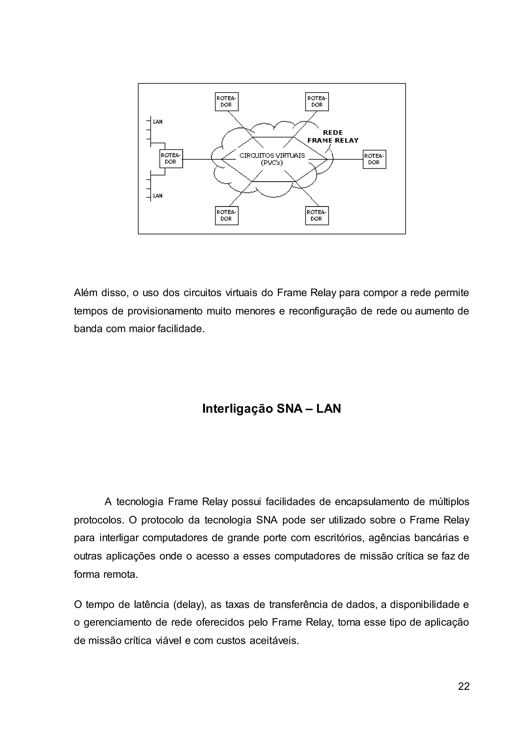 Além disso, o uso dos circuitos virtuais do Frame Relay para compor a rede permite 
tempos de provisionamento muito menores e reconfiguração de rede ou aumento de 
banda com maior facilidade. 
22 
Interligação SNA – LAN 
A tecnologia Frame Relay possui facilidades de encapsulamento de múltiplos 
protocolos. O protocolo da tecnologia SNA pode ser utilizado sobre o Frame Relay 
para interligar computadores de grande porte com escritórios, agências bancárias e 
outras aplicações onde o acesso a esses computadores de missão crítica se faz de 
forma remota. 
O tempo de latência (delay), as taxas de transferência de dados, a disponibilidade e 
o gerenciamento de rede oferecidos pelo Frame Relay, torna esse tipo de aplicação 
de missão crítica viável e com custos aceitáveis. 
 