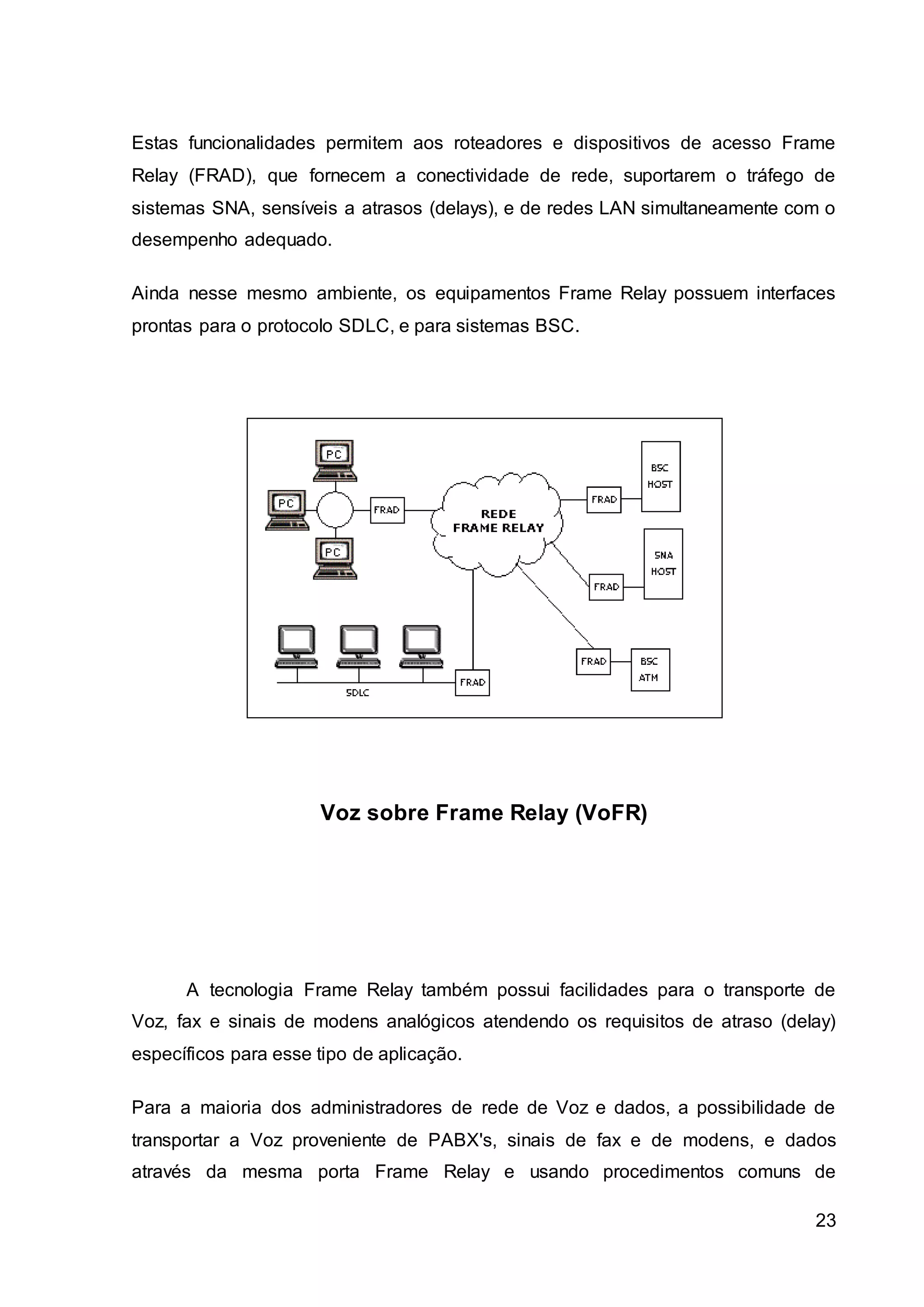 Estas funcionalidades permitem aos roteadores e dispositivos de acesso Frame 
Relay (FRAD), que fornecem a conectividade de rede, suportarem o tráfego de 
sistemas SNA, sensíveis a atrasos (delays), e de redes LAN simultaneamente com o 
desempenho adequado. 
Ainda nesse mesmo ambiente, os equipamentos Frame Relay possuem interfaces 
prontas para o protocolo SDLC, e para sistemas BSC. 
23 
Voz sobre Frame Relay (VoFR) 
A tecnologia Frame Relay também possui facilidades para o transporte de 
Voz, fax e sinais de modens analógicos atendendo os requisitos de atraso (delay) 
específicos para esse tipo de aplicação. 
Para a maioria dos administradores de rede de Voz e dados, a possibilidade de 
transportar a Voz proveniente de PABX's, sinais de fax e de modens, e dados 
através da mesma porta Frame Relay e usando procedimentos comuns de 
 