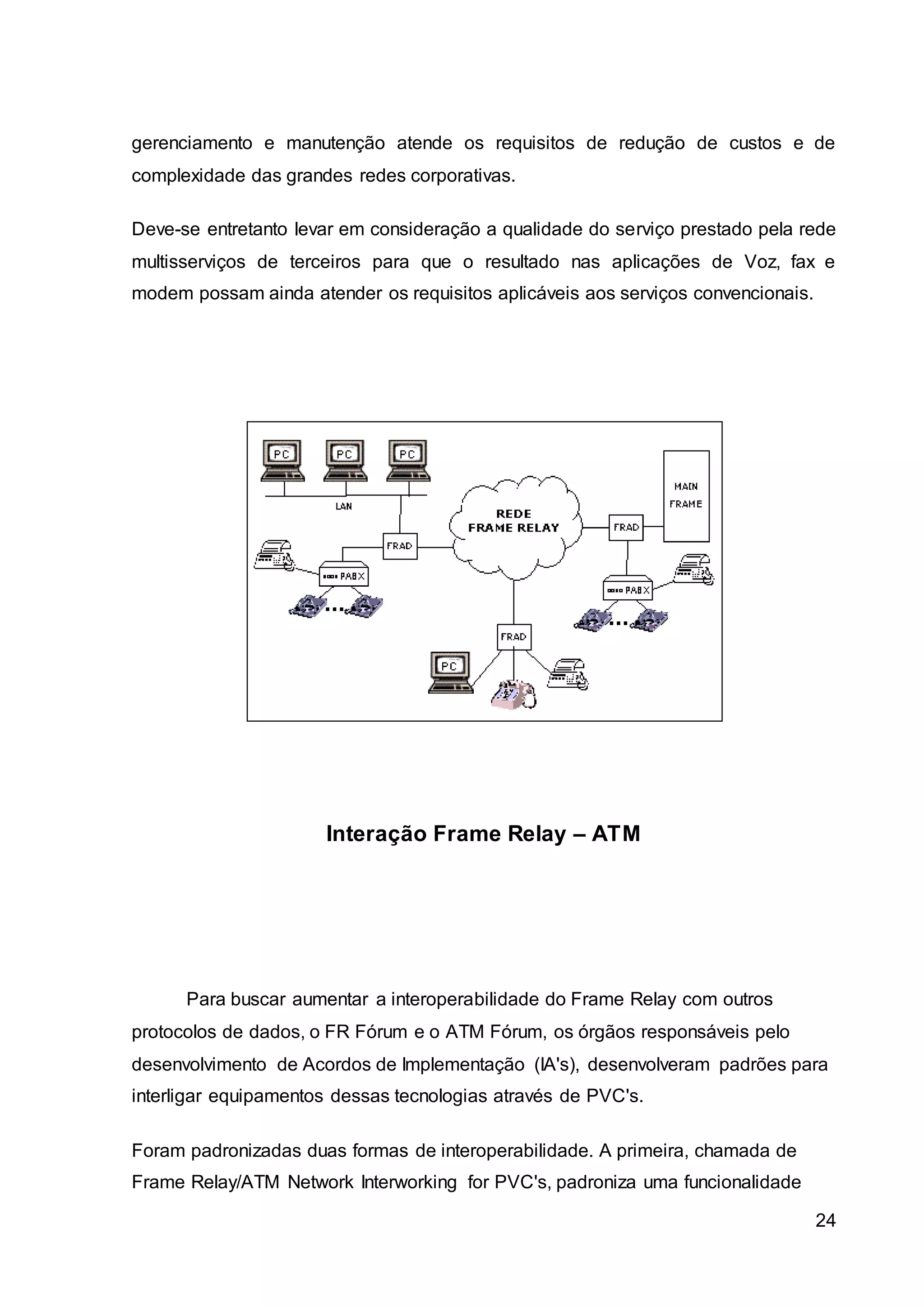 gerenciamento e manutenção atende os requisitos de redução de custos e de 
complexidade das grandes redes corporativas. 
Deve-se entretanto levar em consideração a qualidade do serviço prestado pela rede 
multisserviços de terceiros para que o resultado nas aplicações de Voz, fax e 
modem possam ainda atender os requisitos aplicáveis aos serviços convencionais. 
24 
Interação Frame Relay – ATM 
Para buscar aumentar a interoperabilidade do Frame Relay com outros 
protocolos de dados, o FR Fórum e o ATM Fórum, os órgãos responsáveis pelo 
desenvolvimento de Acordos de Implementação (IA's), desenvolveram padrões para 
interligar equipamentos dessas tecnologias através de PVC's. 
Foram padronizadas duas formas de interoperabilidade. A primeira, chamada de 
Frame Relay/ATM Network Interworking for PVC's, padroniza uma funcionalidade 
 