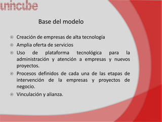 Base del modelo

   Creación de empresas de alta tecnología
   Amplia oferta de servicios
   Uso de plataforma tecnológica para la
    administración y atención a empresas y nuevos
    proyectos.
   Procesos definidos de cada una de las etapas de
    intervención de la empresas y proyectos de
    negocio.
   Vinculación y alianza.
 