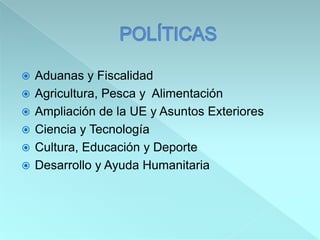  Aduanas y Fiscalidad
 Agricultura, Pesca y Alimentación
 Ampliación de la UE y Asuntos Exteriores
 Ciencia y Tecnología
 Cultura, Educación y Deporte
 Desarrollo y Ayuda Humanitaria
 