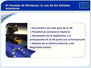 El Consejo de Ministros: la voz de los Estados miembros  Un ministro de cada país de la UE  Presidencia semestral rotatoria  Aprobación de la legislación y el presupuesto de la UE junto con el Parlamento  Gestión de la Política Exterior y de Seguridad Común 