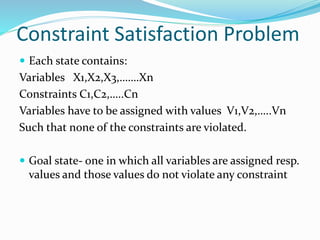 Constraint Satisfaction Problem
 Each state contains:
Variables X1,X2,X3,…….Xn
Constraints C1,C2,…..Cn
Variables have to be assigned with values V1,V2,…..Vn
Such that none of the constraints are violated.
 Goal state- one in which all variables are assigned resp.
values and those values do not violate any constraint
 