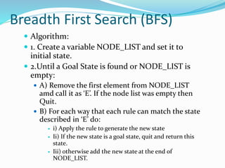 Breadth First Search (BFS)
 Algorithm:
 1. Create a variable NODE_LIST and set it to
initial state.
 2.Until a Goal State is found or NODE_LIST is
empty:
 A) Remove the first element from NODE_LIST
amd call it as ‘E’. If the node list was empty then
Quit.
 B) For each way that each rule can match the state
described in ‘E’ do:
 i) Apply the rule to generate the new state
 Ii) If the new state is a goal state, quit and return this
state.
 Iii) otherwise add the new state at the end of
NODE_LIST.
 