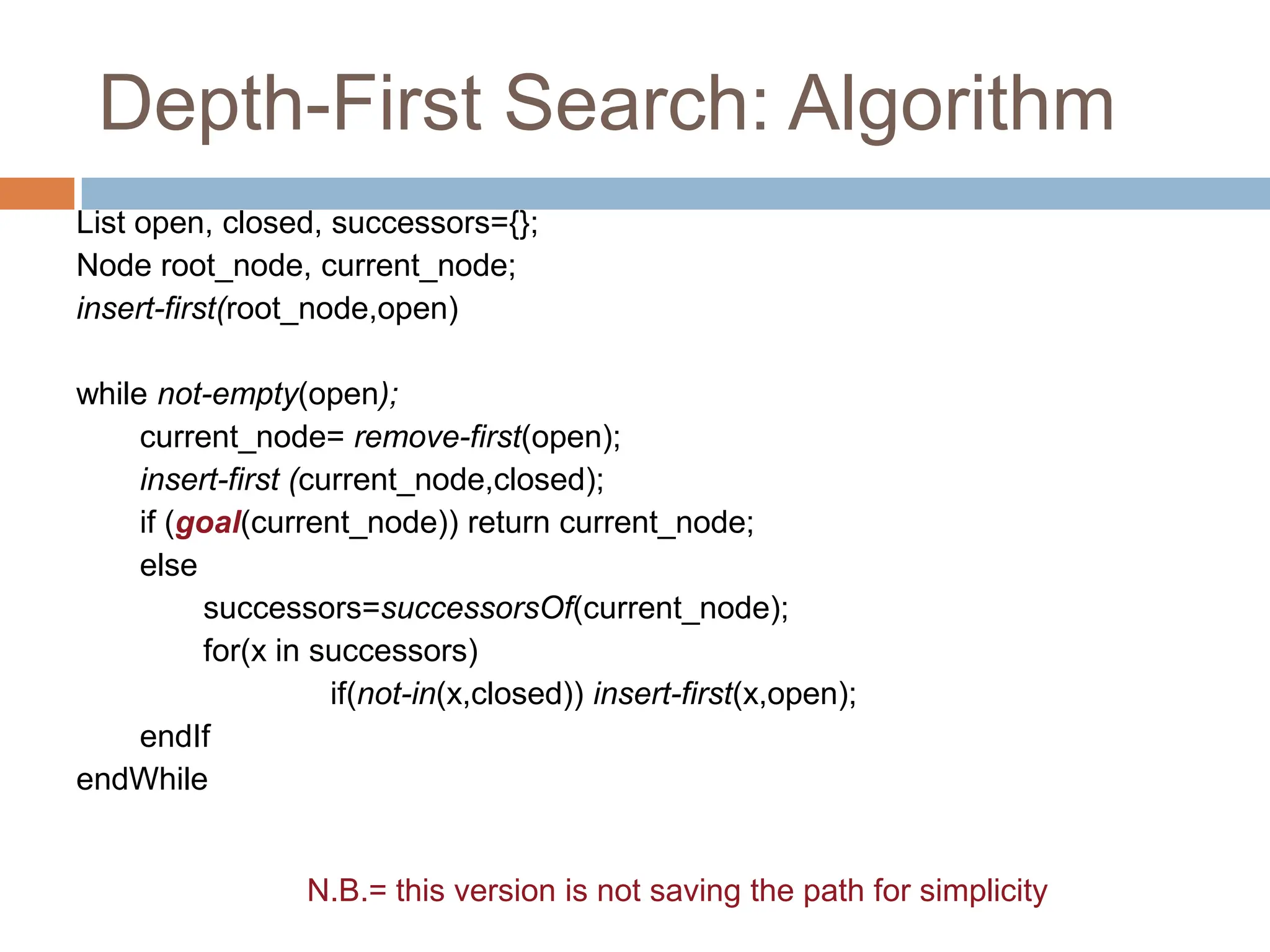 Depth-First Search: Algorithm
List open, closed, successors={};
Node root_node, current_node;
insert-first(root_node,open)
while not-empty(open);
current_node= remove-first(open);
insert-first (current_node,closed);
if (goal(current_node)) return current_node;
else
successors=successorsOf(current_node);
for(x in successors)
if(not-in(x,closed)) insert-first(x,open);
endIf
endWhile
N.B.= this version is not saving the path for simplicity
 