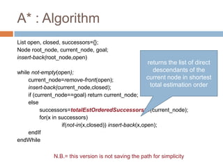 A* : Algorithm
List open, closed, successors={};
Node root_node, current_node, goal;
insert-back(root_node,open)
while not-empty(open);
current_node=remove-front(open);
insert-back(current_node,closed);
if (current_node==goal) return current_node;
else
successors=totalEstOrderedSuccessorsOf(current_node);
for(x in successors)
if(not-in(x,closed)) insert-back(x,open);
endIf
endWhile
36
N.B.= this version is not saving the path for simplicity
returns the list of direct
descendants of the
current node in shortest
total estimation order
 
