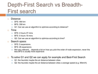 Depth-First Search vs Breadth-
First search
 Distance
 DFS: 464 km
 BFS: 358 km
 Q1: Can we use an algorithm to optimize according to distance?
 Time
 DFS: 4 hours 37 mins
 BFS: 5 hours 18 mins
 Q2: Can we use an algorithm to optimize according to time?
 Search space:
 DFS: 5 expansions
 BFS: 26 expansions
 Not very relevant… depends a lot on how you pick the order of node expansion, never the
less BFS is usually more expensive
 To solve Q1 and Q2 we can apply for example and Best-First Search
 Q1: the heuristic maybe the air distance between cities
 Q2: the heuristic maybe the air distance between cities x average speed (e.g. 90km/h)
 