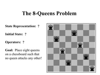 The 8-Queens Problem
State Representation: ?
Initial State: ?
Operators: ?
Goal: Place eight queens
on a chessboard such that
no queen attacks any other!
 