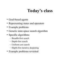 Today’s class
• Goal-based agents
• Representing states and operators
• Example problems
• Generic state-space search algorithm
• Specific algorithms
– Breadth-first search
– Depth-first search
– Uniform cost search
– Depth-first iterative deepening
• Example problems revisited
 