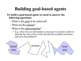 Building goal-based agents
To build a goal-based agent we need to answer the
following questions:
– What is the goal to be achieved?
– What are the actions?
– What is the representation?
• E.g., what relevant information is necessary to encode in order to
describe the state of the world, describe the available transitions,
and solve the problem?)
Initial
state
Goal
state
Actions
 