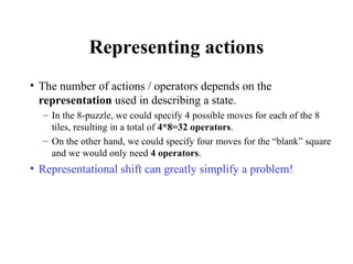 Representing actions
• The number of actions / operators depends on the
representation used in describing a state.
– In the 8-puzzle, we could specify 4 possible moves for each of the 8
tiles, resulting in a total of 4*8=32 operators.
– On the other hand, we could specify four moves for the “blank” square
and we would only need 4 operators.
• Representational shift can greatly simplify a problem!
 