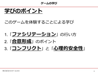 5
株式会社HEART QUAKE
ゲームの学び
学びのポイント
このゲームを体験することによる学び
1.「ファシリテーション」の⾏い⽅
2.「合意形成」のポイント
3.「コンフリクト」と「⼼理的安全性」
 