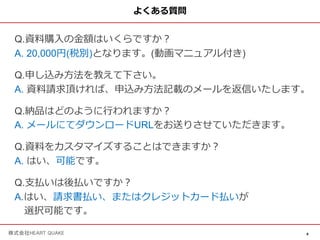 9
株式会社HEART QUAKE
よくある質問
Q.資料購⼊の⾦額はいくらですか︖
A. 20,000円(税別)となります。(動画マニュアル付き)
Q.申し込み⽅法を教えて下さい。
A. 資料請求頂ければ、申込み⽅法記載のメールを返信いたします。
Q.納品はどのように⾏われますか︖
A. メールにてダウンロードURLをお送りさせていただきます。
Q.資料をカスタマイズすることはできますか︖
A. はい、可能です。
Q.⽀払いは後払いですか︖
A.はい、請求書払い、またはクレジットカード払いが
選択可能です。
 