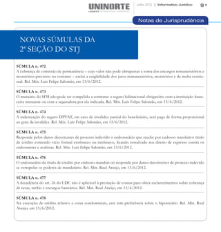 Julho 2012 | Informativo Jurídico     9


                                                                         Notas de Jurisprudência


  NOVAS SÚMULAS DA
  2ª SEÇÃO DO STJ

SÚMULA n. 472
A cobrança de comissão de permanência – cujo valor não pode ultrapassar a soma dos encargos remuneratórios e
moratórios previstos no contrato – exclui a exigibilidade dos juros remuneratórios, moratórios e da multa contra-
tual. Rel. Min. Luis Felipe Salomão, em 13/6/2012.

SÚMULA n. 473
O mutuário do SFH não pode ser compelido a contratar o seguro habitacional obrigatório com a instituição finan-
ceira mutuante ou com a seguradora por ela indicada. Rel. Min. Luis Felipe Salomão, em 13/6/2012.

SÚMULA n. 474
A indenização do seguro DPVAT, em caso de invalidez parcial do beneficiário, será paga de forma proporcional
ao grau da invalidez. Rel. Min. Luis Felipe Salomão, em 13/6/2012.

SÚMULA n. 475
Responde pelos danos decorrentes de protesto indevido o endossatário que recebe por endosso translativo título
de crédito contendo vício formal extrínseco ou intrínseco, ficando ressalvado seu direito de regresso contra os
endossantes e avalistas. Rel. Min. Luis Felipe Salomão, em 13/6/2012.

SÚMULA n. 476
O endossatário de título de crédito por endosso-mandato só responde por danos decorrentes de protesto indevido
se extrapolar os poderes de mandatário. Rel. Min. Raul Araújo, em 13/6/2012.

SÚMULA n. 477
A decadência do art. 26 do CDC não é aplicável à prestação de contas para obter esclarecimentos sobre cobrança
de taxas, tarifas e encargos bancários. Rel. Min. Raul Araújo, em 13/6/2012.

SÚMULA n. 478
Na execução de crédito relativo a cotas condominiais, este tem preferência sobre o hipotecário. Rel. Min. Raul
Araújo, em 13/6/2012.
 
