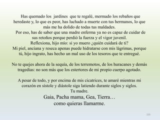 Has quemado los jardines que te regalé, mermado los rebaños que heredaste y, lo que es peor, has luchado a muerte con tus hermanos, lo que más me ha dolido de todas tus maldades. 
Por eso, has de saber que una madre enferma ya no es capaz de cuidar de sus retoños porque perdió la fuerza y el vigor juvenil. 
Reflexiona, hijo mío: si yo muero ¿quién cuidará de ti? 
Mi piel, anciana y reseca apenas puede hidratarse con mis lágrimas, porque tú, hijo ingrato, has hecho un mal uso de los tesoros que te entregué. 
No te quejes ahora de la sequía, de los terremotos, de los huracanes y demás tragedias: no son más que los estertores de mi propio cuerpo agotado. 
A pesar de todo, y por encima de mis cicatrices, te amaré mientras mi corazón en sístole y diástole siga latiendo durante siglos y siglos. 
Tu madre. 
Gaia, Pacha mama, Gea, Tierra… 
como quieras llamarme. 
155  