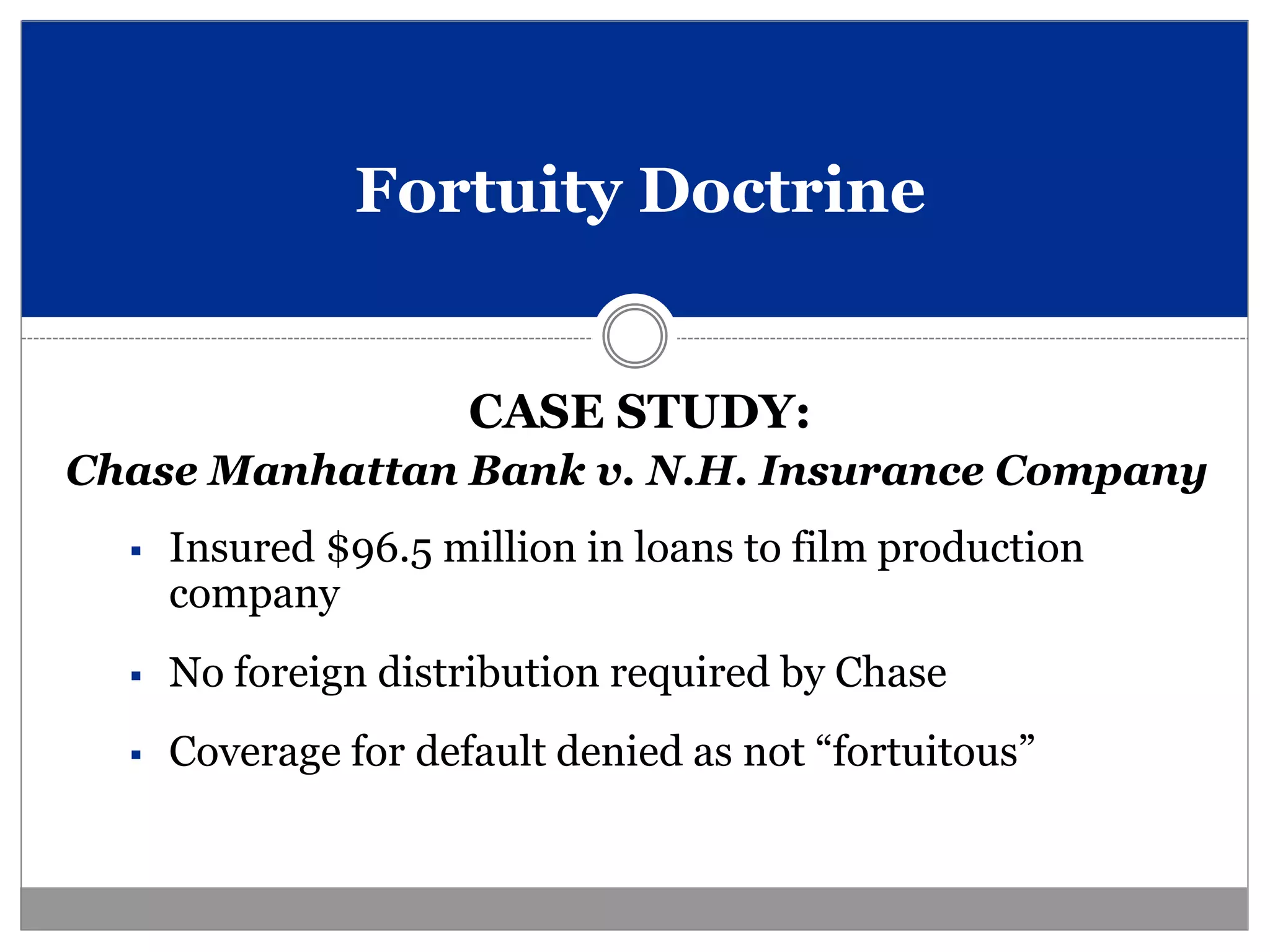 Fortuity Doctrine


                      CASE STUDY:
Chase Manhattan Bank v. N.H. Insurance Company
     Insured $96.5 million in loans to film production
      company
     No foreign distribution required by Chase
     Coverage for default denied as not “fortuitous”
 
