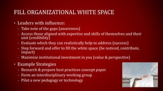 FILL ORGANIZATIONAL WHITE SPACE
• Leaders with influence:
– Take note of the gaps (awareness)
– Access those aligned with expertise and skills of themselves and their
unit (credibility)
– Evaluate which they can realistically help to address (success)
– Step forward and offer to fill the white space (be noticed, contribute,
impact)
– Maximize institutional investment in you (value & perspective)
• Example Strategies
– Research & prepare best practices concept paper
– Form an interdisciplinary working group
– Pilot a new pedagogy or technology
 