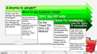 Is anyone in danger?
If yes, can the
danger be easily
managed?
If it cannot, call
for emergency
help and protect
the scene.
Move to the quietest victim
Gently shake the
shoulders and ask
question
If the victim
responds, treat any
life-threatening
conditions
If there is no
response, check
the airway
Open the air way
Do the
“Head Tilt-
Chin Lift
Method”
Check for breathing
If breathing,
check for any
life-threatening
conditions
If not breathing,
rescue breaths
If rescuer is
alone, call for
ambulance
Look for signs
of circulation
If the victim is a
child or an adult
who has suffered
from a drowning or
accident, proceed
directly to CPR.
Otherwise, look for
signs of life such as
movement and
normal skin color
 