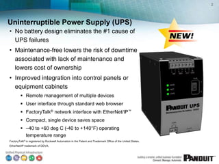 Uninterruptible Power Supply (UPS)
2
• No battery design eliminates the #1 cause of
UPS failures
• Maintenance-free lowers...