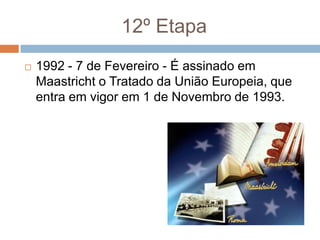 12º Etapa1992 - 7 de Fevereiro - É assinado em Maastricht o Tratado da União Europeia, que entra em vigor em 1 de Novembro de 1993.