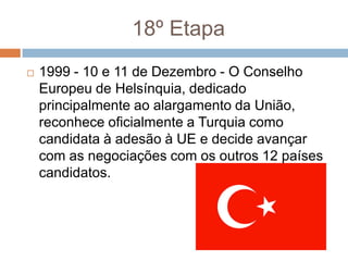 18º Etapa1999 - 10 e 11 de Dezembro - O Conselho Europeu de Helsínquia, dedicado principalmente ao alargamento da União, reconhece oficialmente a Turquia como candidata à adesão à UE e decide avançar com as negociações com os outros 12 países candidatos.