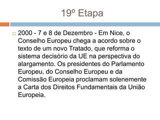 19º Etapa2000 - 7 e 8 de Dezembro - Em Nice, o Conselho Europeu chega a acordo sobre o texto de um novo Tratado, que reforma o sistema decisório da UE na perspectiva do alargamento. Os presidentes do Parlamento Europeu, do Conselho Europeu e da Comissão Europeia proclamam solenemente a Carta dos Direitos Fundamentais da União Europeia.