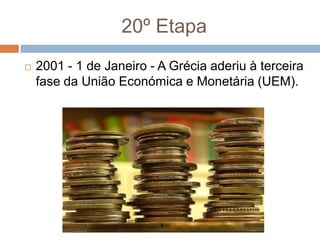 20º Etapa2001 - 1 de Janeiro - A Grécia aderiu à terceira fase da União Económica e Monetária (UEM).