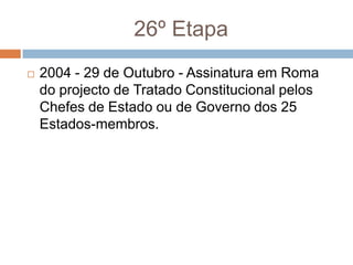 26º Etapa2004 - 29 de Outubro - Assinatura em Roma do projecto de Tratado Constitucional pelos Chefes de Estado ou de Governo dos 25 Estados-membros.