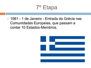 7º Etapa1981 - 1 de Janeiro - Entrada da Grécia nas Comunidades Europeias, que passam a contar 10 Estados-Membros.
