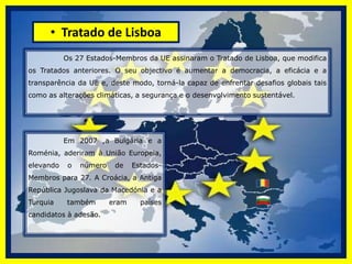  1980 – 1989          Em 1981, a Grécia torna-se o décimo Estado-Membro da UE, seguindo-se-lhe a Espanha e Portugal cinco anos mais tarde. Em 1986, é assinado o Acto Único Europeu, um Tratado que prevê um vasto programa para seis anos destinado a eliminar os entraves que se opõem ao livre fluxo de comércio na UE, criando assim o “Mercado Único”. Com a queda do Muro de Berlim em 9 de Novembro de 1989, dá-se uma grande convulsão política: a fronteira entre a Alemanha de Leste e a Alemanha Ocidental é aberta pela primeira vez em 28 anos e as duas Alemanhas em breve se reunificarão, formando um único país. 