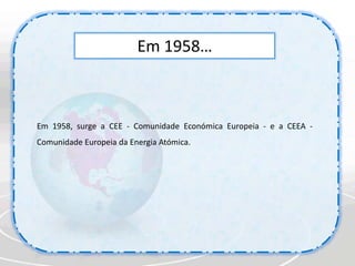 Em 1950…Lançamento da ideia da Europa Unida9 de Maio de 1950 — RobertSchuman, ministro francês dos Negócios Estrangeiros, apresenta o seu plano para uma cooperação aprofundada. O dia 9 de Maio passou a ser o "Dia da Europa".