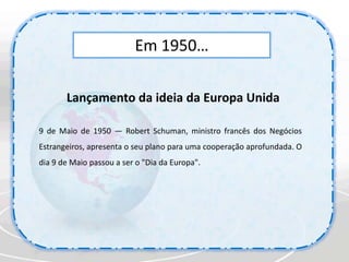 Criação do passaporte EuropeuEntrada da Roménia e Bulgária para a U.E.Entrada de Luxemburgo, Holanda, Bélgica, França, Itália e Alemanha para a U.E.Entrada da Irlanda, Reino Unido e Dinamarca para a U.E.Entrada da Áustria, Finlândia e Suécia para a U.E.(Europa a 15)Introdução das moedas e notas em eurosTratado de ParisLançamento da ideia da Europa  ÚnicaTratado de Roma