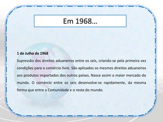 Em 1951…Plano Schuman, seis países assinam um tratado que visa colocar as suas indústrias pesadas do carvão e do aço sob uma autoridade comum; A partir de agora nenhum pode fabricar armas de guerra para as dirigir contra os outros, como no passado;Estes seis países são a Alemanha, a Bélgica, a França, a Itália, o Luxemburgo e os Países Baixos.Estados-Membrosfundadores: Alemanha, Bélgica, França, Itália, Luxemburgo e Países Baixos
