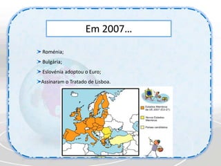 Em 1999…A Alemanha assume a presidência do Conselho Europeu. Lançamento oficial do euro. Alemanha, Áustria, Bélgica, Espanha, Finlândia, França, Irlanda, Itália, Luxemburgo, Países Baixos e Portugal adoptam o euro como moeda oficial.