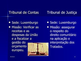 Tribunal de Contas  Sede: Luxemburgo Missão: Verificar as receitas e as despesas da União e a fiscalizar a gestão do orçamento europeu.  Tribunal de Justiça Sede: Luxemburgo Missão: assegurar o respeito do direito comunitário na aplicação e interpretação dos Tratados.   