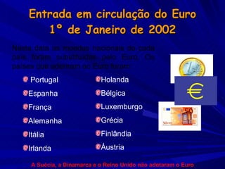 Entrada em circulação do Euro 1º de Janeiro de 2002 Nesta data as moedas nacionais de cada país foram substituídas pelo Euro. Os países que aderiram ao Euro foram: Portugal Espanha França Alemanha Itália Irlanda Holanda Bélgica Luxemburgo Grécia Finlândia Áustria A Suécia, a Dinamarca e o Reino Unido não adotaram o Euro 