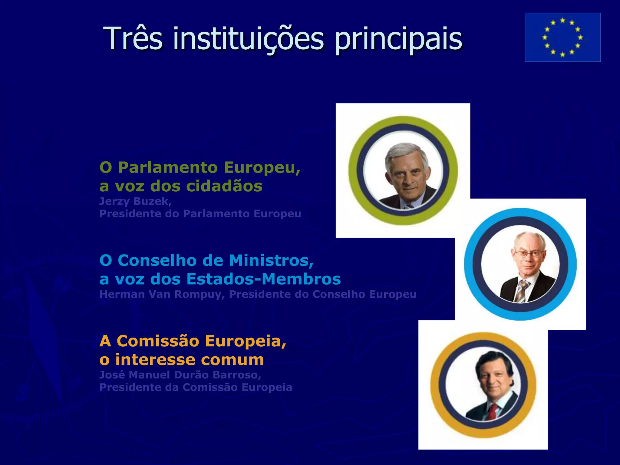 Três instituições principais


O Parlamento Europeu,
a voz dos cidadãos
Jerzy Buzek,
Presidente do Parlamento Europeu



O Conselho de Ministros,
a voz dos Estados-Membros
Herman Van Rompuy, Presidente do Conselho Europeu



A Comissão Europeia,
o interesse comum
José Manuel Durão Barroso,
Presidente da Comissão Europeia
 