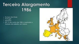 o Europa dos Doze
o Portugal
o Espanha
o Em 12 de Junho de 1985, é assinado o
tratado de adesão, em Lisboa
 