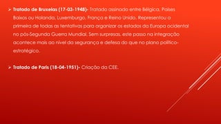  Tratado de Bruxelas (17-03-1948)- Tratado assinado entre Bélgica, Países 
Baixos ou Holanda, Luxemburgo, França e Reino Unido. Representou a 
primeira de todas as tentativas para organizar os estados da Europa ocidental 
no pós-Segunda Guerra Mundial. Sem surpresas, este passo na integração 
acontece mais ao nível da segurança e defesa do que no plano político-estratégico. 
 Tratado de Paris (18-04-1951)- Criação da CEE. 
 