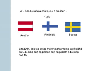 A União Europeia continuou a crescer…
Áustria Finlândia Suécia
Em 2004, assiste-se ao maior alargamento da história
da U.E. São dez os países que se juntam à Europa
dos 15.
1996
 