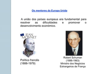 A união dos países europeus era fundamental para
resolver as dificuldades e promover o
desenvolvimento económico.
Político francês
(1888-1979)
Robert Schuman
(1886-1963)
Ministro dos Negócios
Estrangeiros de França
Os mentores da Europa Unida
 