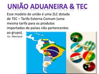 Esse modelo de união é uma ZLC dotada
de TEC – Tarifa Externa Comum (uma
mesma tarifa para os produtos
importados de países não pertencentes
ao grupo).
Ex.: Mercosul
 