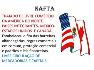 TRATADO DE LIVRE COMÉRCIO
DA AMÉRICA DO NORTE
PAISES INTEGRANTES- MÉXICO-
ESTADOS UNIDOS E CANADÁ.
Estabeleceu o fim das barreiras
alfandegárias, regras comerciais
em comum, proteção comercial
e padrões e leis financeiras.
LIVRE CIRCULAÇÃO DE
MERCADORIAS E CAPITAIS.
 