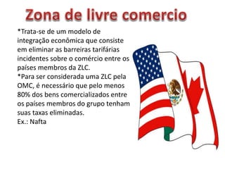 *Trata-se de um modelo de
integração econômica que consiste
em eliminar as barreiras tarifárias
incidentes sobre o comércio entre os
países membros da ZLC.
*Para ser considerada uma ZLC pela
OMC, é necessário que pelo menos
80% dos bens comercializados entre
os países membros do grupo tenham
suas taxas eliminadas.
Ex.: Nafta
 