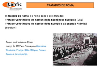 O Tratado de Roma é o nome dado a dois tratados:
Tratado Constitutivo da Comunidade Econômica Europeia (CEE)
Tratado Constitutivo da Comunidade Europeia da Energia Atômica
(Euratom)
Foram assinados em 25 de
março de 1957 em Roma pela Alemanha
Ocidental, França, Itália, Bélgica, Países
Baixos e Luxemburgo.
 