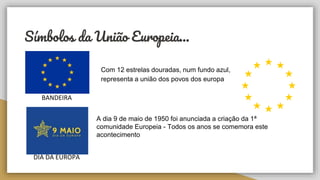 Símbolos da União Europeia...
Com 12 estrelas douradas, num fundo azul,
representa a união dos povos dos europa
BANDEIRA
DIA DA EUROPA
A dia 9 de maio de 1950 foi anunciada a criação da 1ª
comunidade Europeia - Todos os anos se comemora este
acontecimento
 
