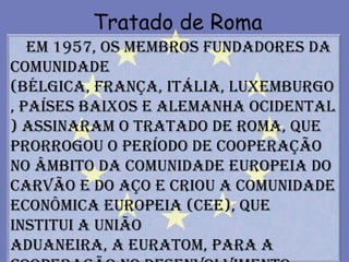 Tratado de Roma
   Em 1957, os membros fundadores da
Comunidade
(Bélgica, França, Itália, Luxemburgo
, Países Baixos e Alemanha Ocidental
) assinaram o Tratado de Roma, que
prorrogou o período de cooperação
no âmbito da Comunidade Europeia do
Carvão e do Aço e criou a Comunidade
Econômica Europeia (CEE), que
institui a união
aduaneira, a Euratom, para a
 