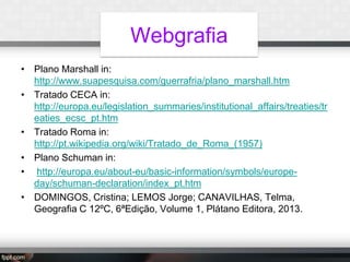 Webgrafia
• Plano Marshall in:
http://www.suapesquisa.com/guerrafria/plano_marshall.htm
• Tratado CECA in:
http://europa.eu/legislation_summaries/institutional_affairs/treaties/tr
eaties_ecsc_pt.htm
• Tratado Roma in:
http://pt.wikipedia.org/wiki/Tratado_de_Roma_(1957)
• Plano Schuman in:
• http://europa.eu/about-eu/basic-information/symbols/europeday/schuman-declaration/index_pt.htm
• DOMINGOS, Cristina; LEMOS Jorge; CANAVILHAS, Telma,
Geografia C 12ºC, 6ªEdição, Volume 1, Plátano Editora, 2013.

 