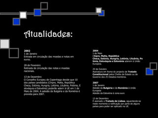 Atualidades:20021 de JaneiroEntrada em circulação das moedas e notas em euros.28 de FevereiroRetirada de circulação das notas e moedas nacionais.13 de DezembroO Conselho Europeu de Copenhaga decide que 10 dos países candidatos (Chipre, Malta, República Checa, Estónia, Hungria, Letónia, Lituânia, Polónia, Eslováquia e Eslovénia) poderão aderir à UE em 1 de Maio de 2004. A adesão da Bulgária e da Roménia é prevista para 2007.20041 de MaioChipre, Malta, República Checa, Estónia, Hungria, Letónia, Lituânia, Polónia, Eslováquia e Eslovénia aderem à União Europeia.29 de Outubro Assinatura em Roma do projecto de Tratado Constitucional pelos Chefes de Estado ou de Governo dos 25 Estados-membros.20071 de JaneiroAdesão da Bulgária e da Roménia à União EuropeiaAdesão da Eslovénia à zona euro13 de DezembroÉ assinado o Tratado de Lisboa, aguardando-se neste momento a ratificação por parte de alguns países para poder ser aplicado na UE.